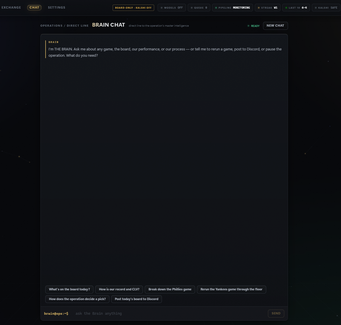 THE BRAIN chat panel — a plain-English console for asking about a game, the board, or the system's reasoning.