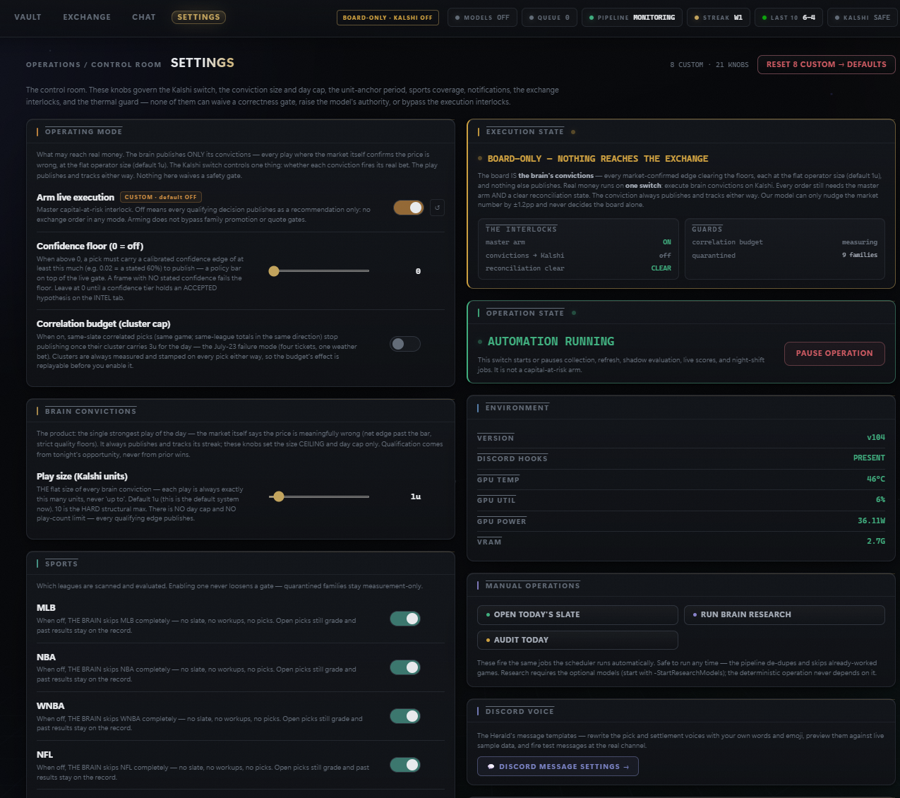THE BRAIN settings screen with the safety switches: the live-bet toggle, bet size, per-sport coverage, and system status.